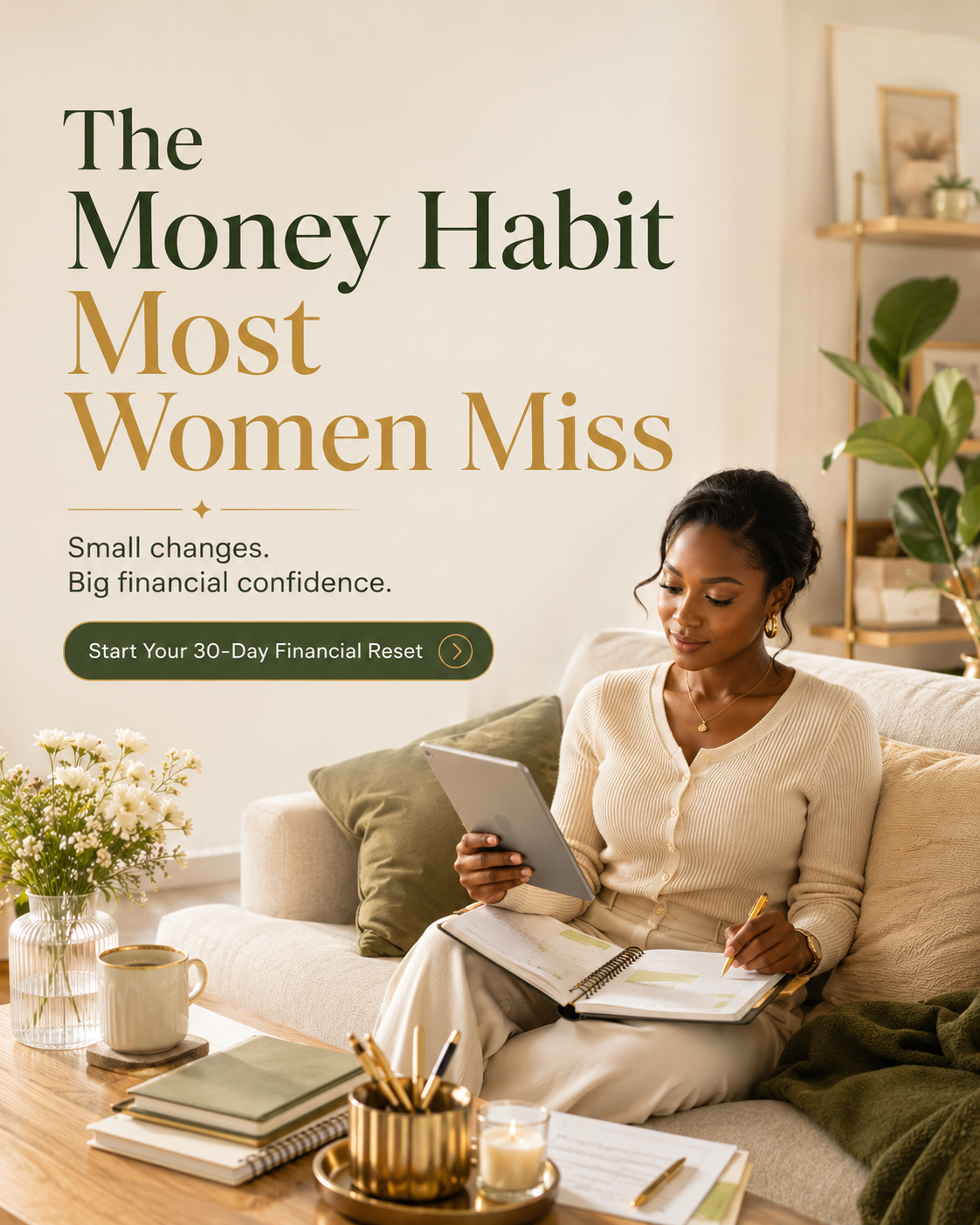 Woman relaxing on a couch with a planner and tablet, building a small daily money habit