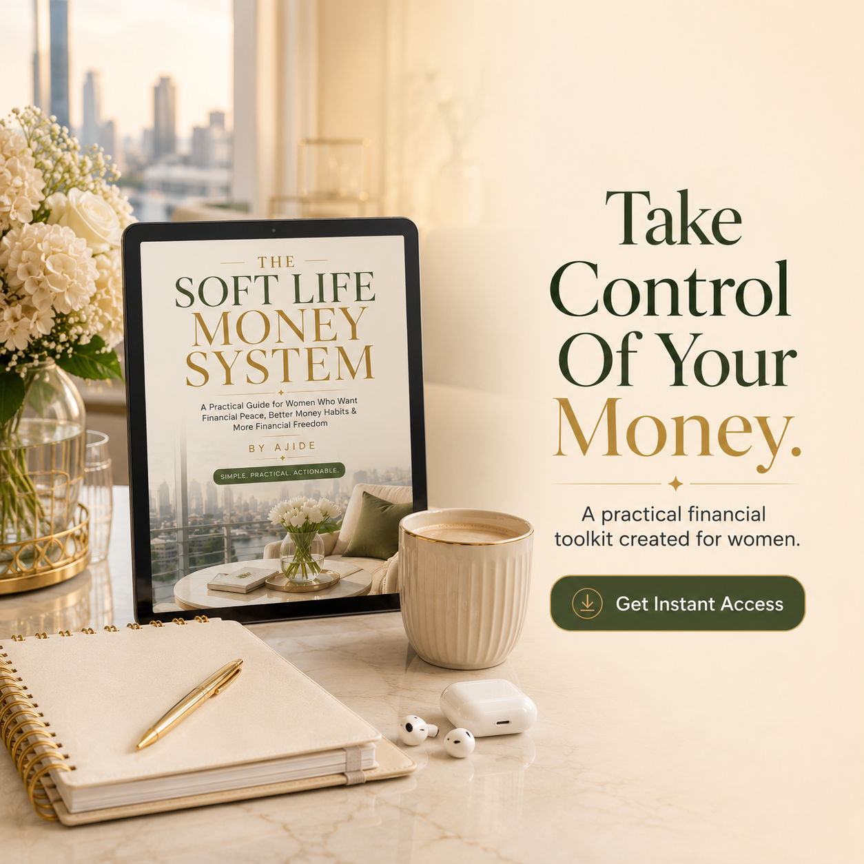 The Soft Life Money System guide open on a tablet, ready for the 30-day reset