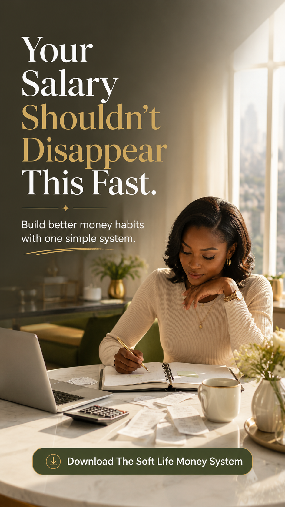 Woman reviewing receipts and a budget planner at her desk with a calculator and laptop